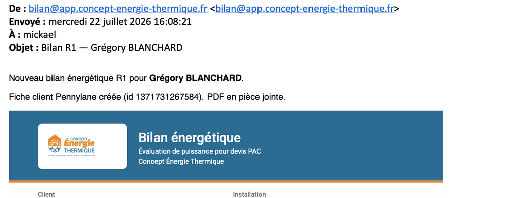 E-mail reçu par l'artisan, expédié depuis le domaine d'envoi de son entreprise, objet « Bilan R1 », indiquant que la fiche client a été créée dans son logiciel de gestion et que le PDF est en pièce jointe ; l'aperçu du document commence sous le message.