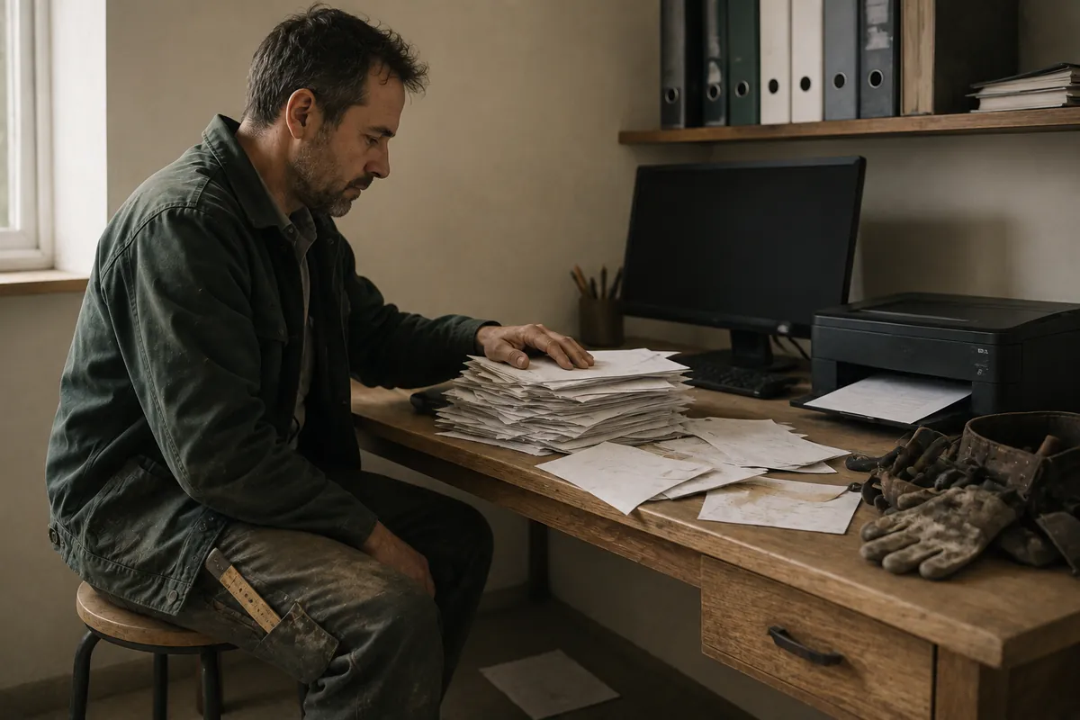 Un artisan en fin de journée, en veste de travail, assis au petit bureau de son atelier. Devant lui, une pile épaisse et désordonnée de factures et d'enveloppes ouvertes ; à côté, un ordinateur éteint et une imprimante.