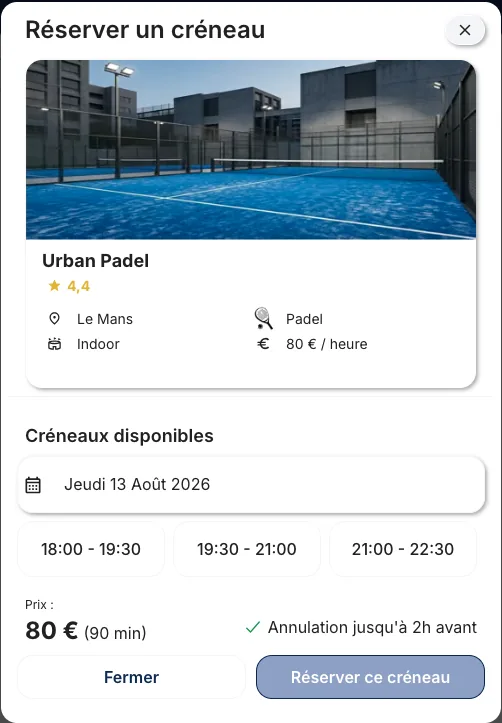 Le même terrain après réservation : trois créneaux restants, celui de 16h30 a disparu du catalogue