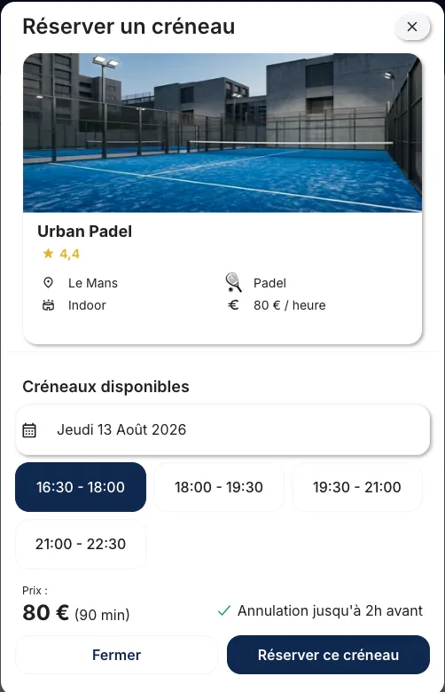 Quatre créneaux disponibles sur un terrain, celui de 16h30 étant sélectionné avant réservation