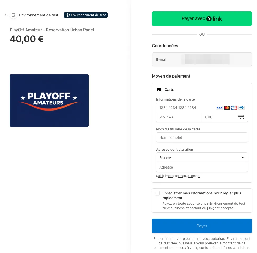 Page de paiement par carte pour 40 euros, correspondant à une seule part de la réservation