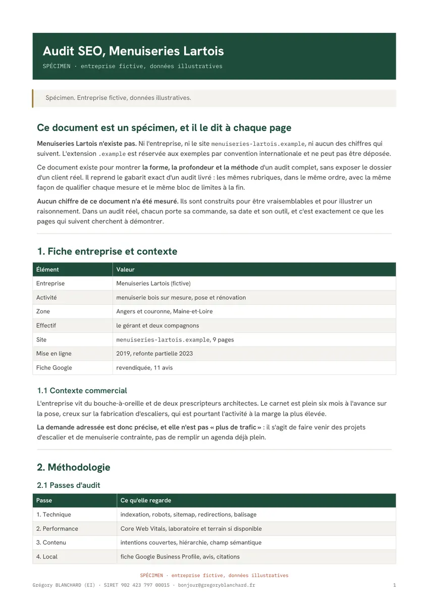 Page de couverture du spécimen d'audit SEO, portant la mention « spécimen, entreprise fictive, données illustratives ».