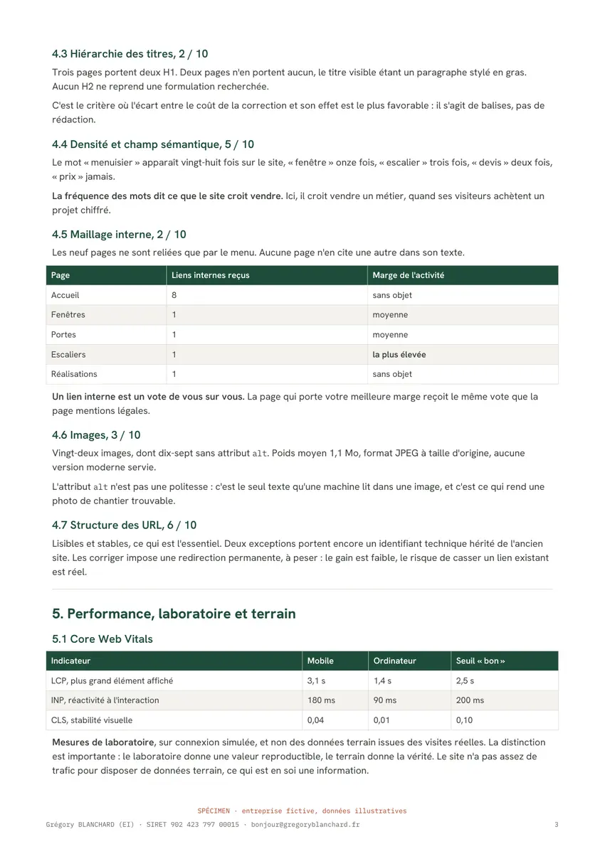 Page 3 du spécimen d'audit SEO.