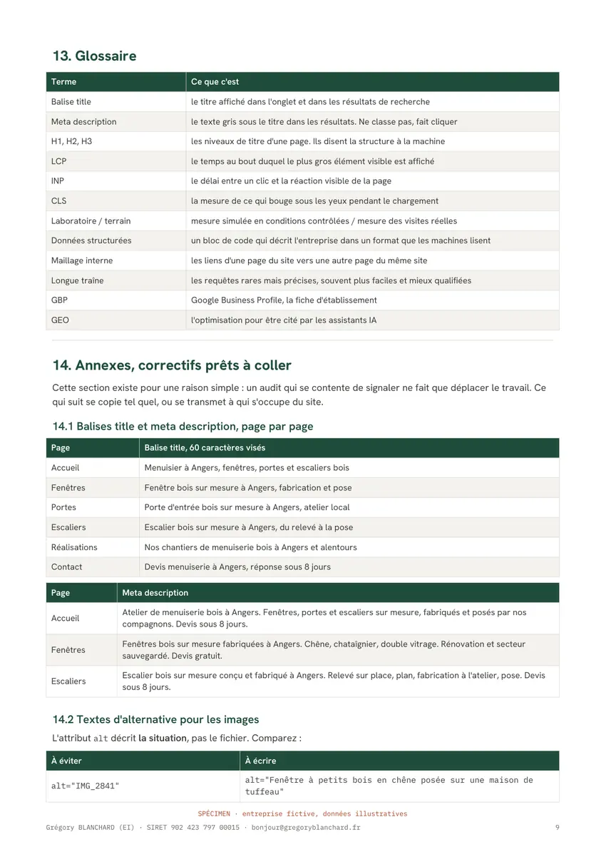 Page 9 du spécimen d'audit SEO.